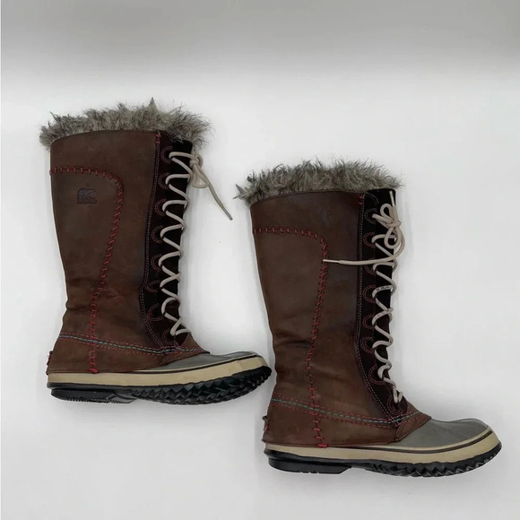 Sorel Cate the Great Tall Women’s Sz 7 Faux Fur Tusk Brown Leather Winter Boots - Picture 10 of 14